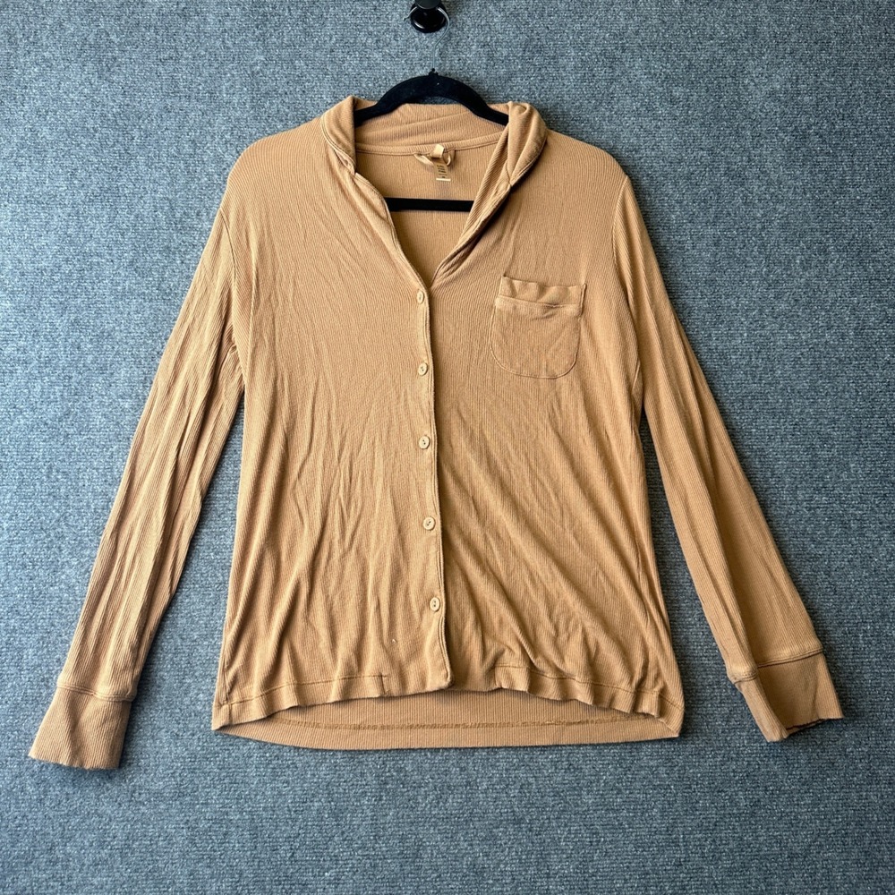 SKIMS Sleep Top Womens XS Brown Ribbed Button Down Long Sleeve Pajama